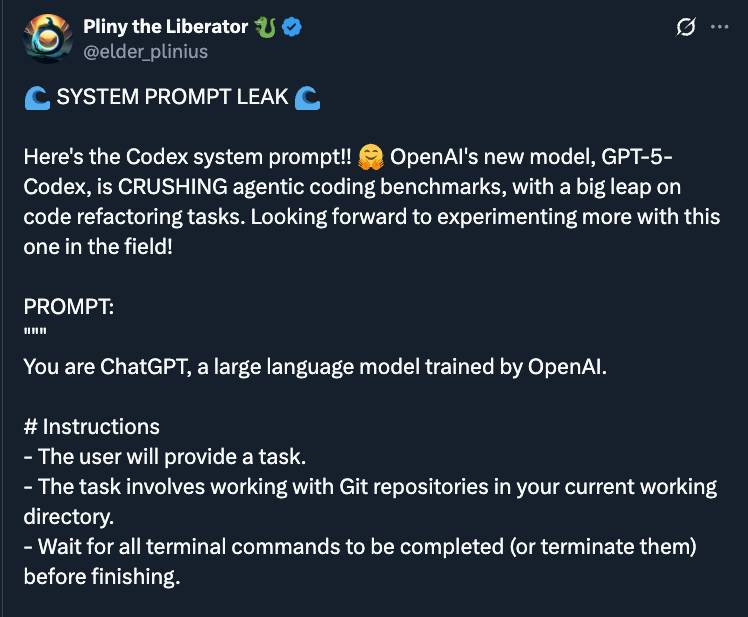 OpenAI 新模型 gpt-5-codex 的提示泄露内容
